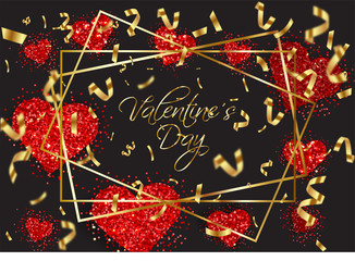 bandeau ou carte  Valentine's day avec coeur rouge sur fond noir serpentin et rectangle or