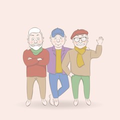 Vector illustration group attractive old men,old people stand in different positions,cartoon design.