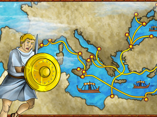 cartoon scene with greek or roman character or trader merchant on the map of mediterranean sea illustration for children