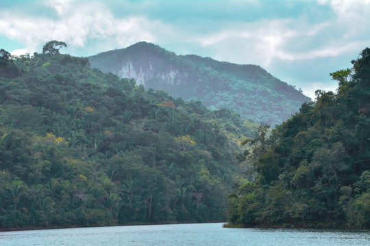 Macal River Valley, Cayo District, Belize. Scene of lush hazy forested limestone hills .