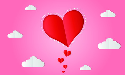 Fototapeta na wymiar Red paper heart floating with clouds on pink background
