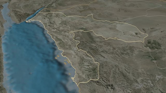 Tabuk, region with its capital, zoomed and extruded on the satellite map of Saudi Arabia in the conformal Stereographic projection. Animation 3D