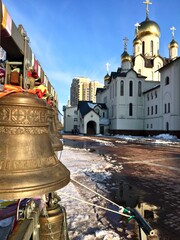 The bells on the territory of the Cathedral of the Transfiguration of the Lord in the city of...