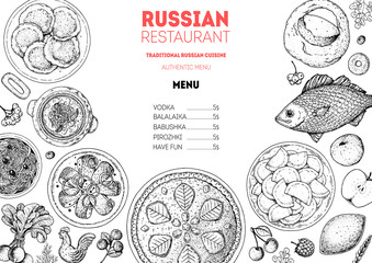 Russian cuisine top view frame. Food menu design elements. Traditional dishes. Russian food. Doodle collection. Vintage hand drawn sketch vector illustration. Menu background. Engraved style.