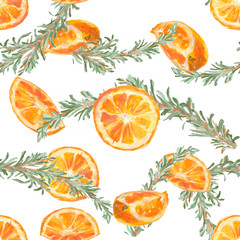 Watercolor pattern - oranges and rosemary branches. Orange fruits, green spice on a white background. A delicious drawing for decorating the kitchen, a funny print for t-shirts, dresses.