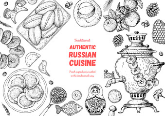 Russian cuisine top view frame. Food menu design elements. Traditional dishes. Russian food. Doodle collection. Vintage hand drawn sketch vector illustration. Menu background. Engraved style.