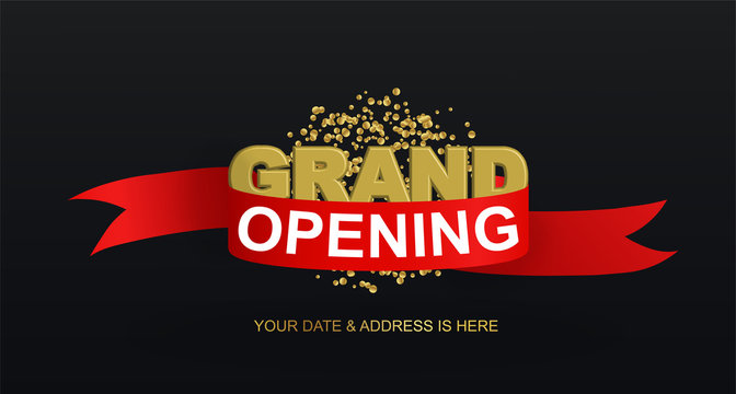 Grand opening invitation concept with gold letters and golden confetti on black background with red ribbon. Grand open banner, flyer, presentation card, poster design. Vector illustration