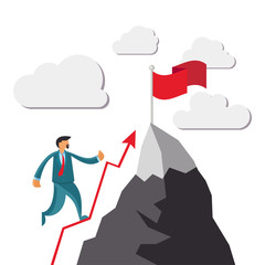 Businessman climbs to the top of the mountain. Business achievement. Ambition to achieve the goal. Vector.