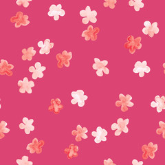 Naklejka premium Little red and white flowers watercolor painting - hand drawn seamless pattern on pink background