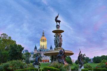 Corning Fountain and Connecticut State Capital after Sunset, Hartford, CT. The fountain with sculpture is located in Bushnell Park, Hartford, Connecticut. 