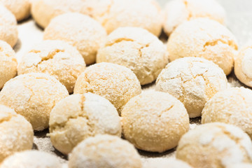 Close-up of Crinkle White cookies powdered with sugar