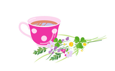 Obraz na płótnie Canvas Tea Cup and Wildflowers Isolated on White