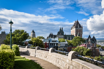 Fototapeta premium Cityscape of Quebec on a cloudy sunny day, with rainbow in the background. Concept of travel and city. Canada.