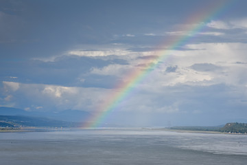 St. Lawrence River Landscape, Quebec Canada. On a cloudy day, with rainbows in the background....