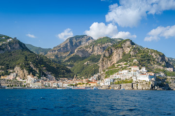 Mountain range and Amalfi village. Italian travel destinations.