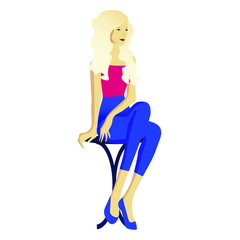 Isolate illustration of a woman sitting on stool.   Caucasian  blond hair girl in a blue trousers and a pink top.