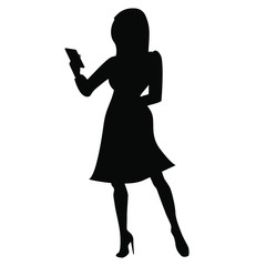 Black silhouette of stand woman posing with a mobile phone. High heel shoes and a dress. Female sign. Girl figure