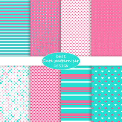 Cute set. Polka dot, stripes, hearts pattern.