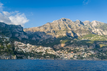 Fototapeta na wymiar Postitano landscape view from the water. Amalfi coast, Italy.