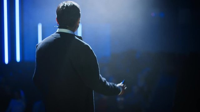 Business Conference Stage: Indian Tech Guru, Startup CEO Presents New Product, Does Motivational Talk, and Lecture about Science, Technology, Entrepreneurship, Development, Leadership 