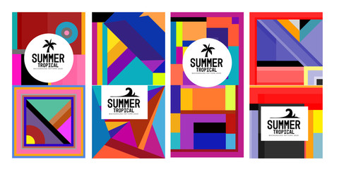 Vector summer tropical abstract geometric colorful background set for print, social media story, fabric, banner, and website. 