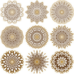 A collection of nine gold mandalas on a white background. Luxurious vector ornament.  