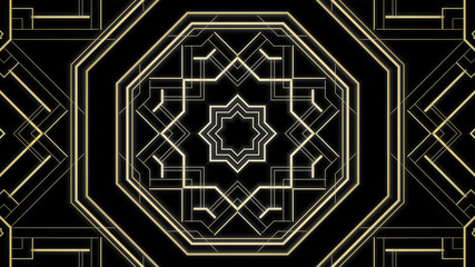 Kaleidoscope Art deco pattern. Gold illustration of modern early 20th century ornament with star shapes. Geometric octagon abstract background with glamorous lines & squares. Arabesque oriental style - obrazy, fototapety, plakaty