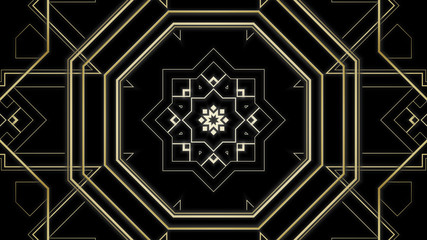 Kaleidoscope Art deco pattern. Gold illustration of modern early 20th century ornament with star shapes. Geometric elegant abstract background with glamorous lines & squares. Arabesque oriental style