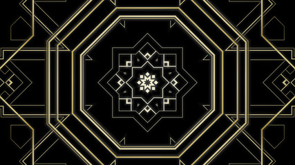 Kaleidoscope Art deco pattern. Gold illustration of modern early 20th century ornament with star shapes. Geometric elegant abstract background with glamorous lines & squares. Arabesque oriental style