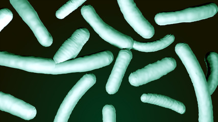 Probiotic lactobacilli under microscope. Scientific 3d medical render of bacterias floating on gradient background with blurred elements. Bifidobacterium cells. Macro view. Natural green colors