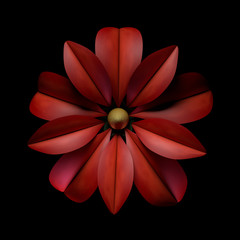 Realistic 3D Beautiful render of a flower. Red petals of blossom on dark background. Illustration Isolated on black. Botanical element.