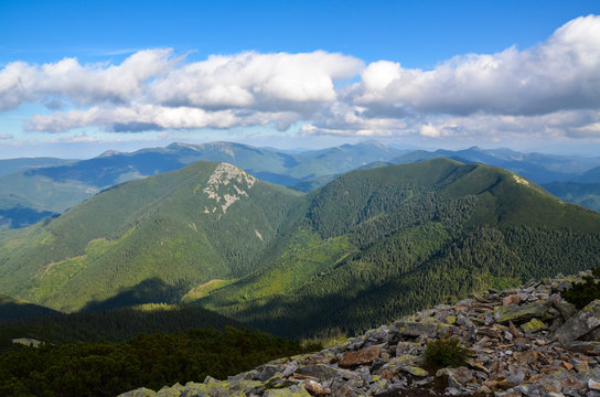 Beautiful view of the Ukrainian Carpathians from Mount Grofa on a cloudy summer day. Gorgany region, Ukraine