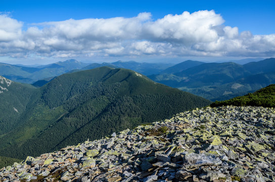 Beautiful view of the Ukrainian Carpathians from Mount Grofa on a cloudy summer day. Gorgany region, Ukraine