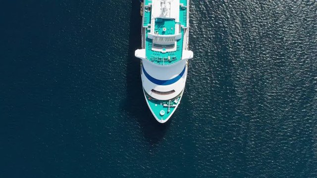 Overhead view above the bow of German cruise ship moored in the port of Esperance, Australia, ferries passengers to the mainland for tours