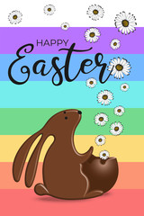 Happy Easter greeting card with chocolate bunny and broken choco egg with spring hand drawn flowers. Rabbit candy and holiday type font - happy Easter on rainbow color background. Vector illustration