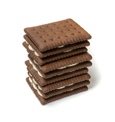 Soft Chocolate Butter Cookies with White Creamy Filling Isolated