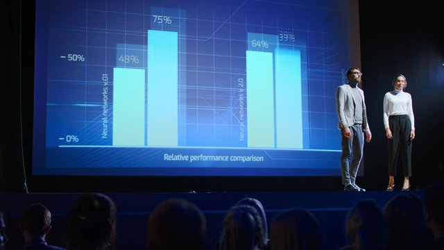 On Stage: Startup CEO and CEO Present New Product. Speakers Lead Lecture on Business, Science, Technology, Entrepreneurship, Health, Ecology, Development, Leadership and all Things Digital
