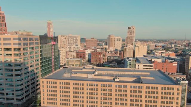 Aerial: Downtown Detroit buildings. Detroit, Michigan, USA