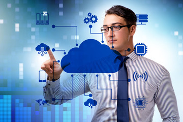 Cloud computing concept with woman pressing buttons