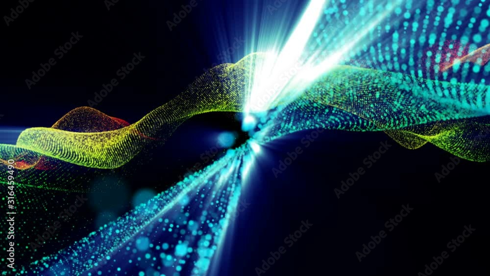 Poster rainbow particles move slowly on black. abstract animated background. 3d render