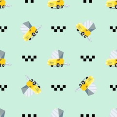 Taxi cartoon seamless pattern isolated on mint green background, vector illustration. Cute print for a wrapping paper and textile fabric.