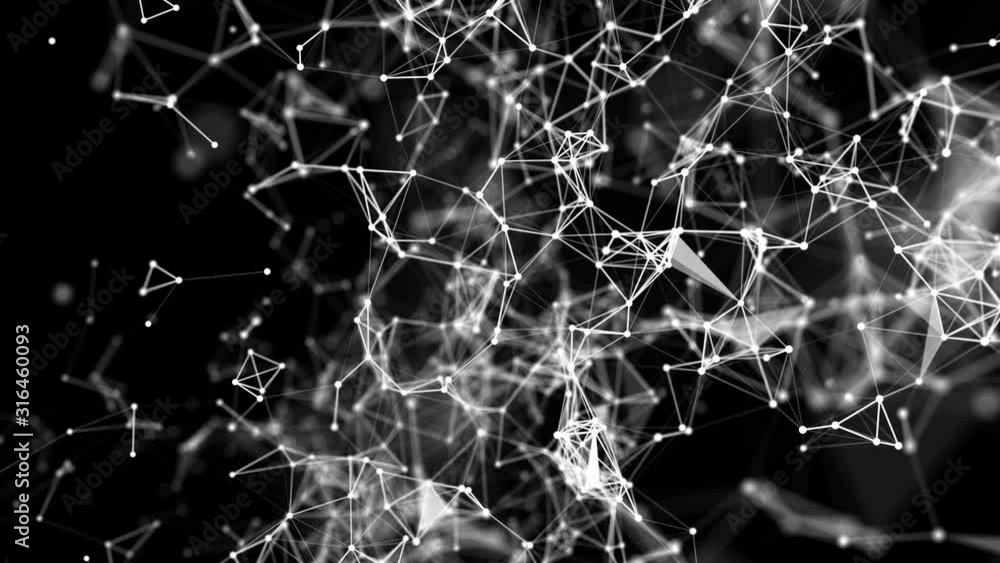 Poster white connecting particles fly slowly against a black background. abstraction. 3d render