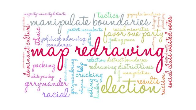 Map Redrawing animated word cloud on a white background. 