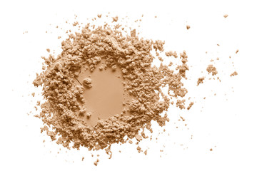 Makeup powder texture. Crushed  beige foundation swatch isolated on white background. Natural color cosmetics sample