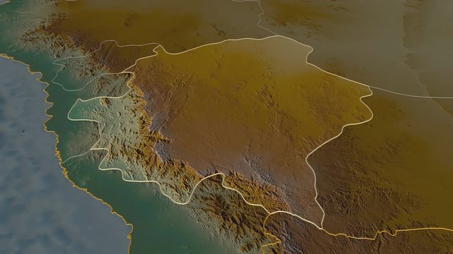 Asir, region with its capital, zoomed and extruded on the relief map of Saudi Arabia in the conformal Stereographic projection. Animation 3D
