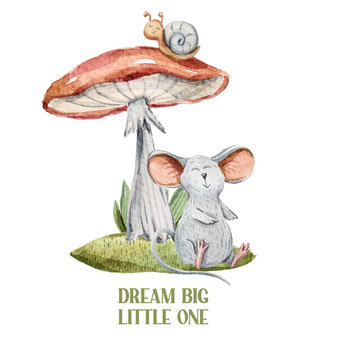 Watercolor hand painted cute cartoon grey mouse and snail. Lovely fantasy illustration on white isolated background. Perfect for baby print, kids room decor, pattern, book, sticker