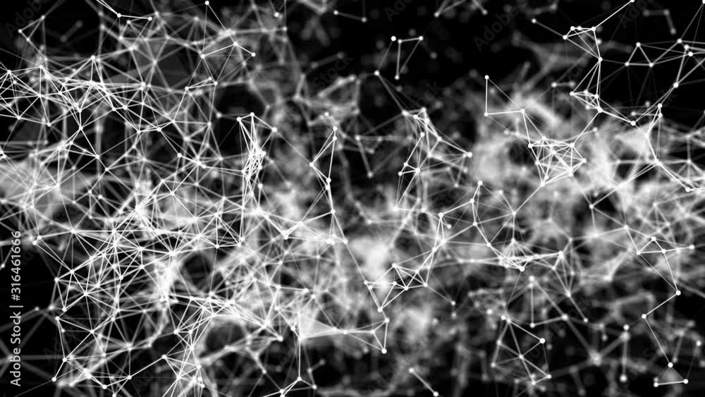 Poster white connecting particles fly slowly against a black background. abstraction. 3d render