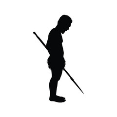 Ancient human with his weapon for hunting silhouette vector