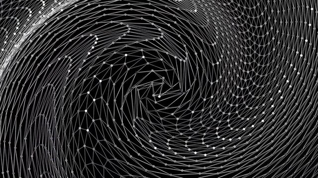 Geometric low poly white wireframe dynamic spiral on a black background loop