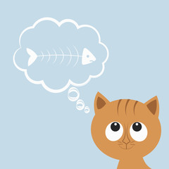Cat and fish. Cute hungry cat or kitten thinks about fish. Cartoon character, animal collection. Thoughts bubble. Vector illustration 